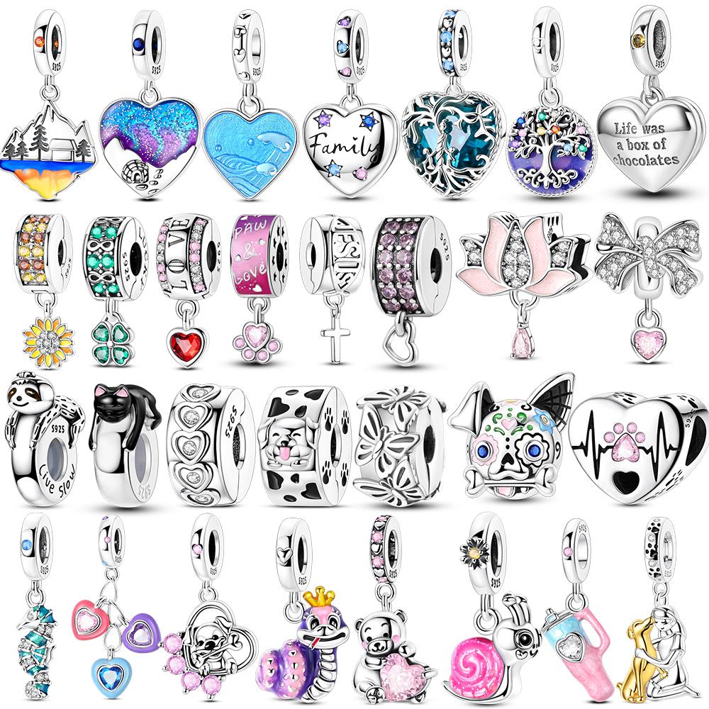 Copper Charm Family Heart Dolphin Lotus Pendant Bead Clip Jewelry Fit Original Bracelet For Women Diy Gift