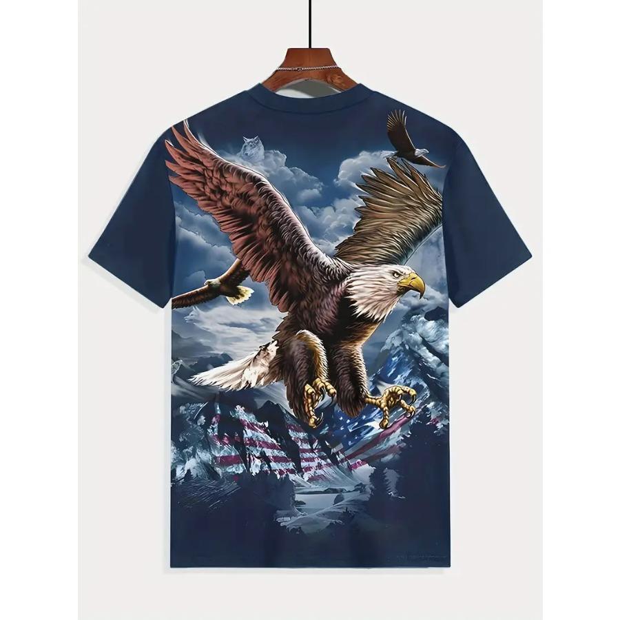 Mens Vintage Eagle Graphic Print T-Shirt - Crew Neck, Short Sleeve, Slight Stretch, Polyester, Regular Fit, Summer Outdoor Tee - Animal Pattern