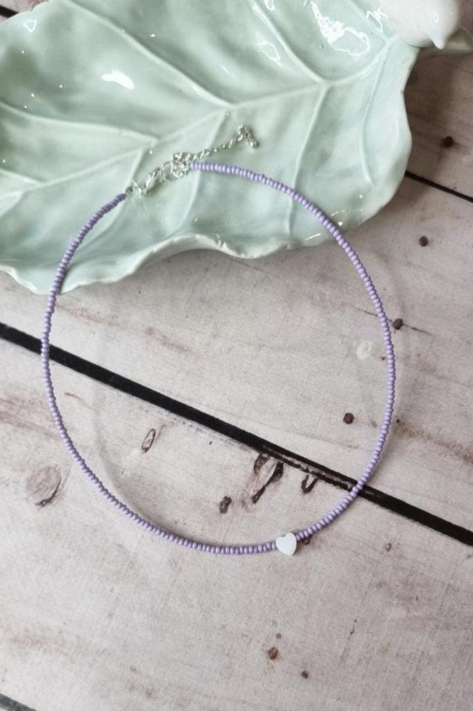 Handmade Choker with Lilac Seed Beads and Natural Heart Shell Pendant
