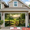 2D plane, 1 vibrant green plant and wooden fence banner. Rural scenery background fabric. Suitable for autumn parties.