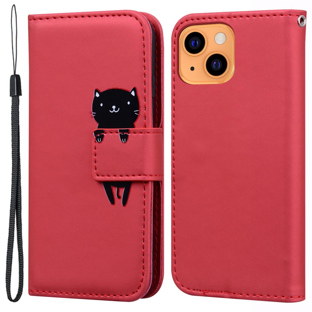 For iPhone 13 6.1 Inch Cartoon Animal Pattern Cell Phone Cases with Strap PU Leather+TPU Cover