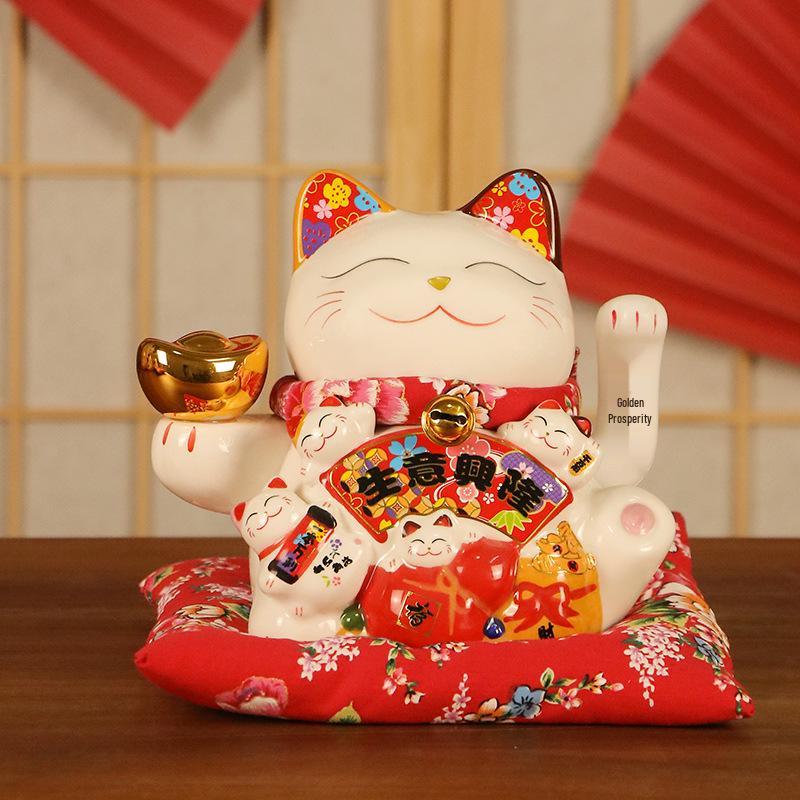 Electric Waving Lucky Cat Ceramic Ornament for Home, Living Room, Shop, or Cashier Desk.