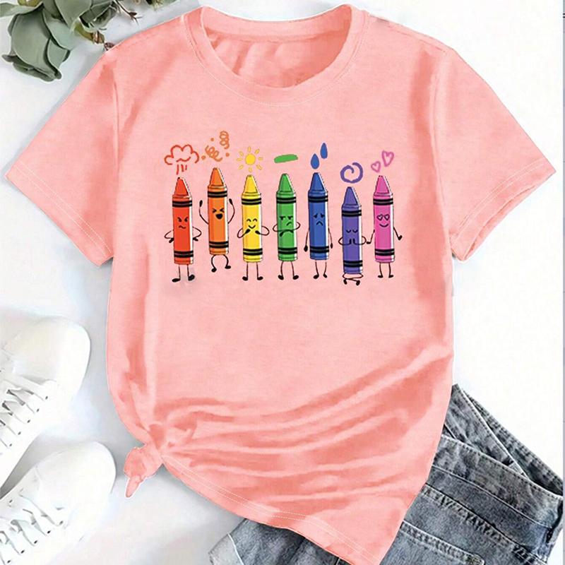 Mode Frauen süße Cartoon Crayon Print T Shirt lustige lässig O-Ausschnitt kurze Ärmel T-shirt Sommer weibliche T-Shirt
