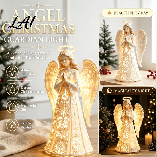 Battery Operated LED Statue Praying Angel Night Light Resin Decorative Figurine with Warm Lights for Home Decor Tabletop Ornament Christmas