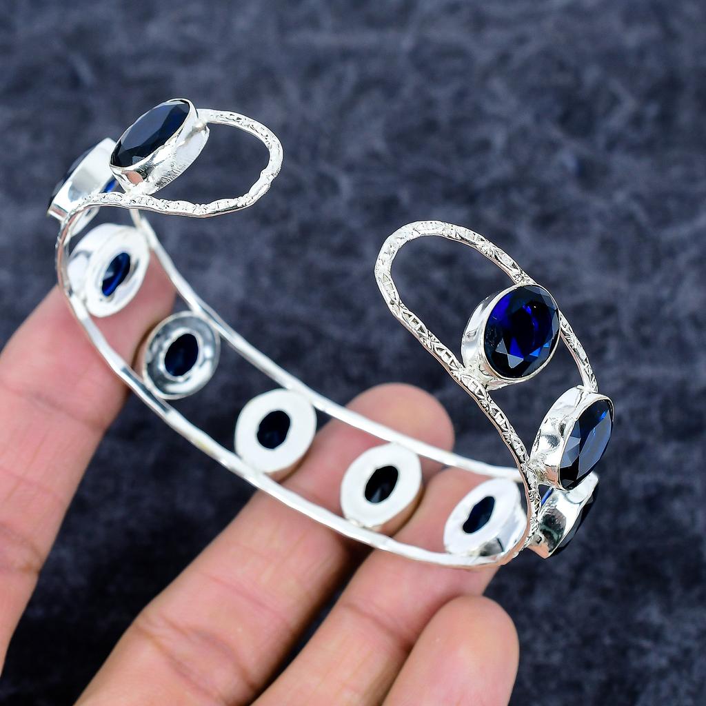 Iolite Quartz Gemstone Handmade 925 Sterling Silver Cuff Bangle Adjustable M-3333