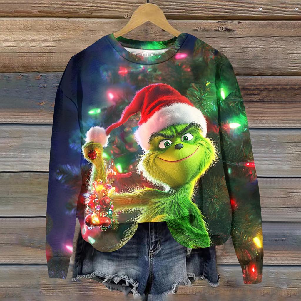 Ladies' Christmas Greentown Print Casual Long Sleeved Round Neck Sports Hoodie Top