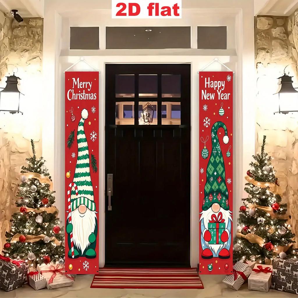 2D Flat, 2pcs, Christmas and New Year Party Couplets, with Snowflake, Gnome, Candy Cane, and Santa Claus Designs, Indoor/Outdoor Holiday Porch and Wal
