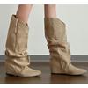 Ny Stil Dams Höst Vinter Veckade Dam Western Cowboystövlar Invändig Höjning Riddar Ankelstövlar Zapatos De Mujer