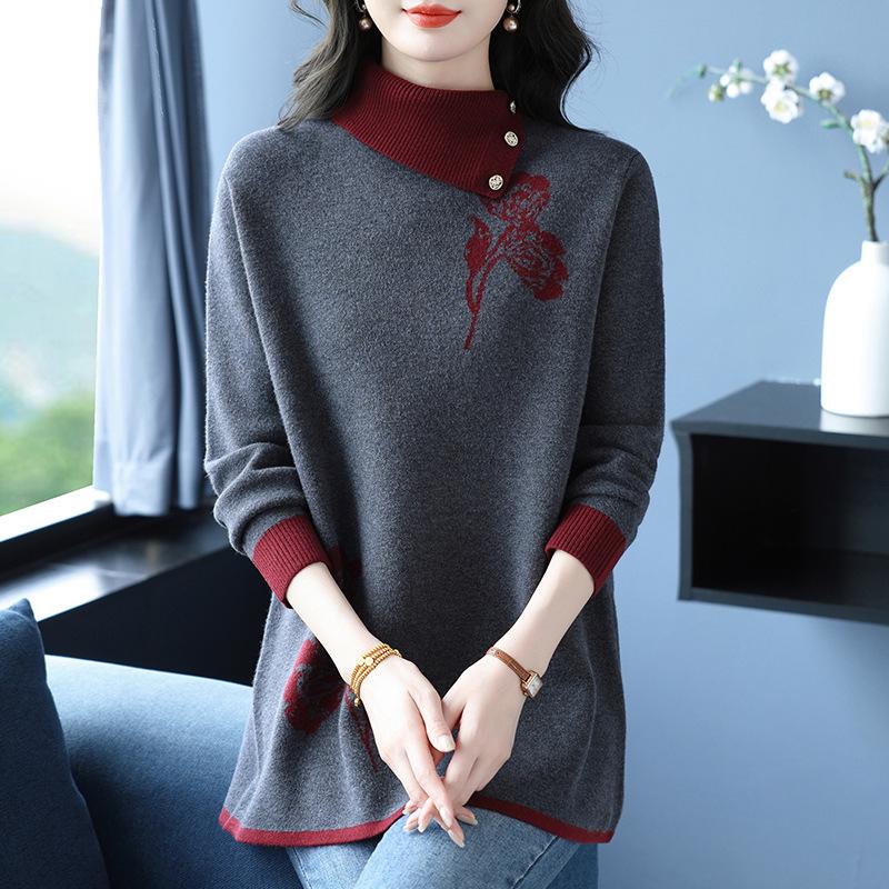 Stylish Color Block Knit Sweater: Plus Size Half-High Collar Top for Women