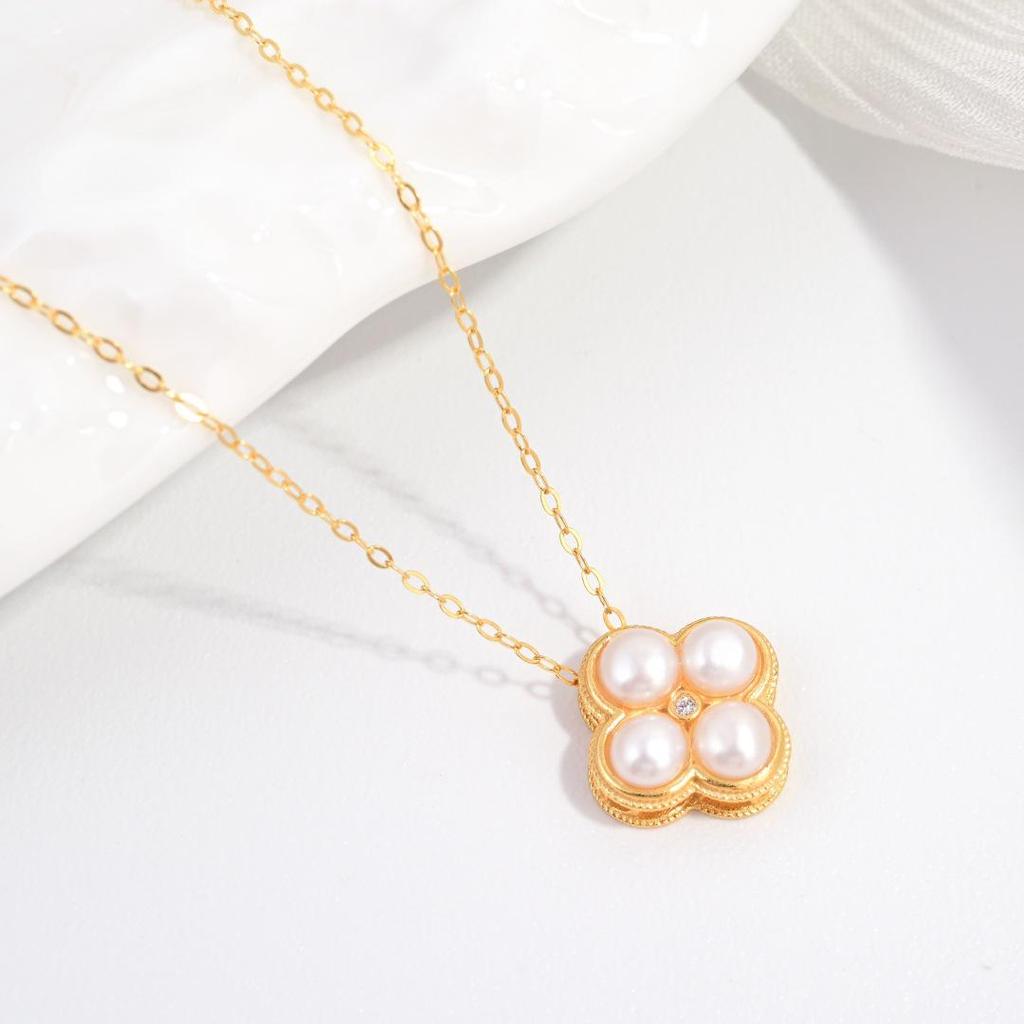 S925 Sterling Silver Four-Leaf Clover Pearl Retro Necklace, Light Luxury Clavicle Chain, Simple Niche Design X153