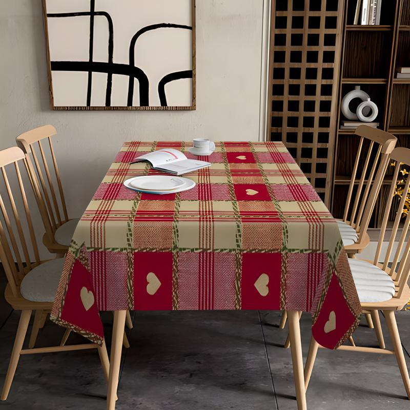 1pc Classic Plaid Heart Pattern Tablecloth | Red, Green, Beige & White Polyester Square Table Cover for Dining Room, Kitchen, Coffee Table, Bedroom -