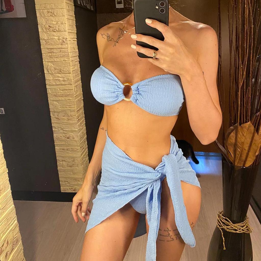 With Sarong Bandeau Strapless Wrinkled Bikini Women Swimwear Female Swimsuit Three-pieces Bikini Set Bather Bathing Suit