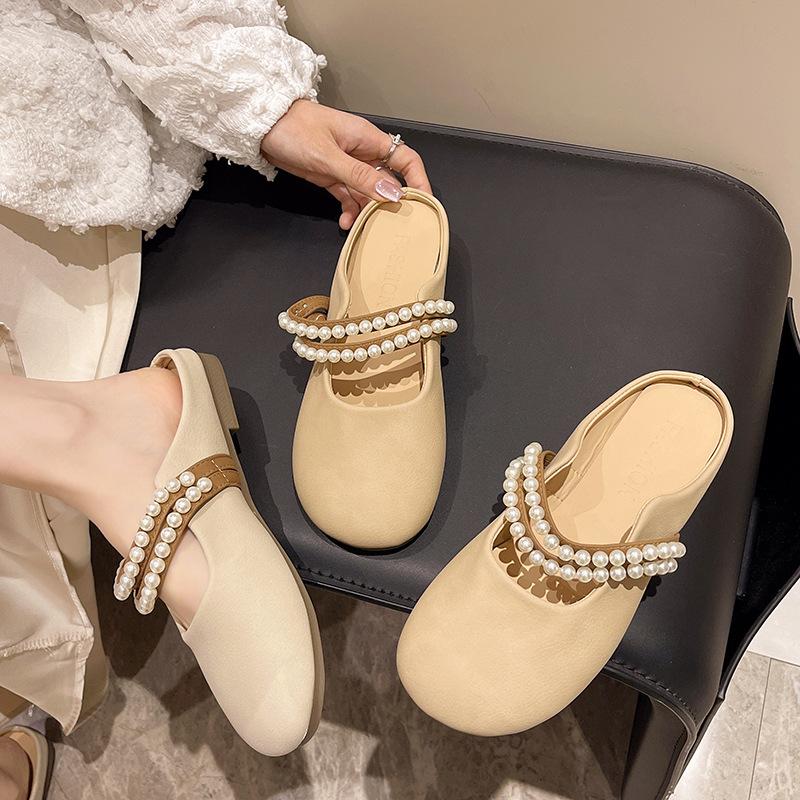 Baotou Half Slippers Female Summer New Pearl Slip-on Muller Shoes Flat Sandals Lazy Casual Slippers Female