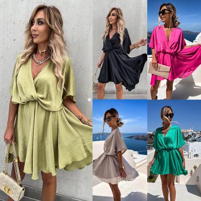 Summer Sexy V Neck Dresses For Women Elegant Short Sleeve Solid A-line Loose Mini Dress Women Casual Beach Party Dress