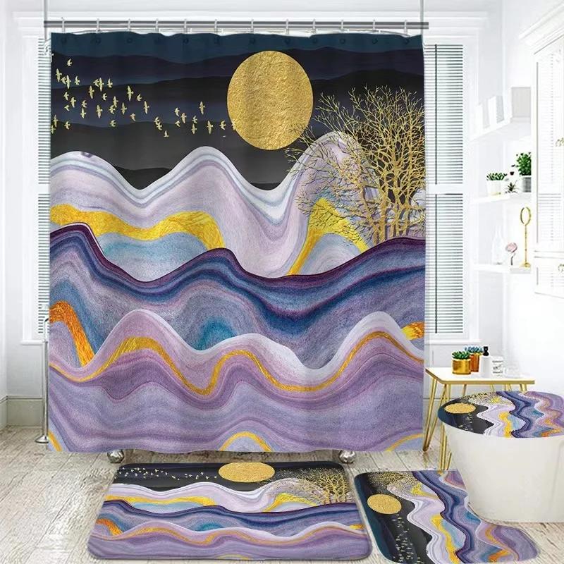 Landscape Ink Bamboo Painting Shower Curtains Chinese Style Bathroom Accessories Partition Waterproof Bath Curtains Rugs,Mat Set