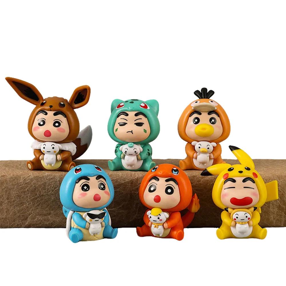 6Pcs/Set Q Version Anime Crayon Shin-chan Figure Shin-chan COS Pokmon Pikachu Action Figure Room Decorations PVC Collection Toy