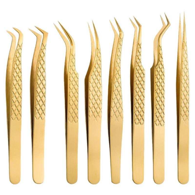 Golden High Precision Net Pattern Eyelash Extension Tweezers, Professional Beauty Lash Feather Clip, Durable False Eyelash Graft