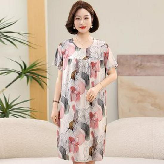 Summer Cotton Silk Knee-Length Floral Dress for Middle-Aged and Elderly Women - Short Sleeved, Lightweight, Plus Size, Loose Fit