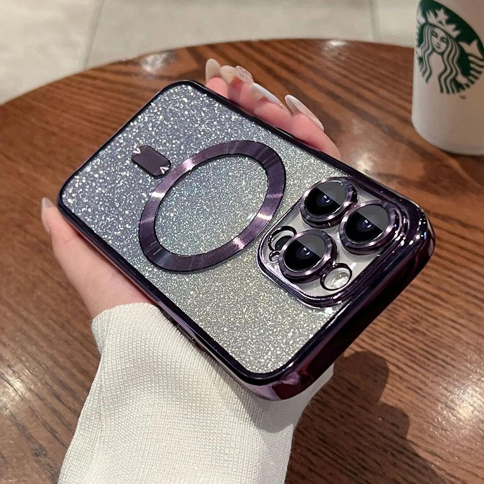 Woman Luxury Plating Glitter Case For Magsafe For iPhone 15 13 11 12 14 Pro Max Plus Accessories Magnetic Wireless Charge Cover