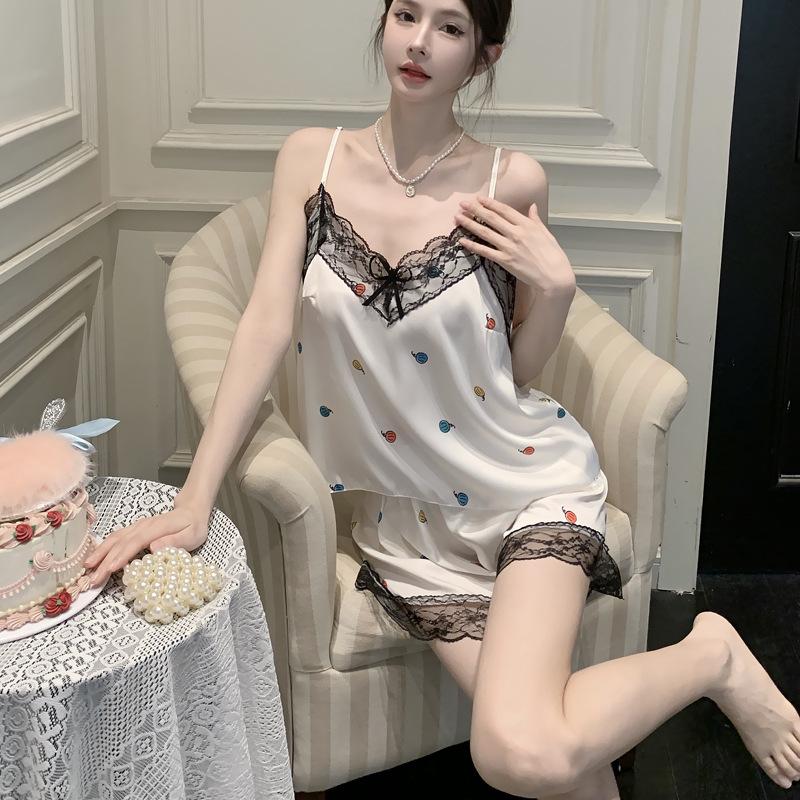 Women's Summer Ice Silk Suspender Shorts Set Lace Lace Ice Silk Pajamas Thin Casual Versatile Printed Cartoon