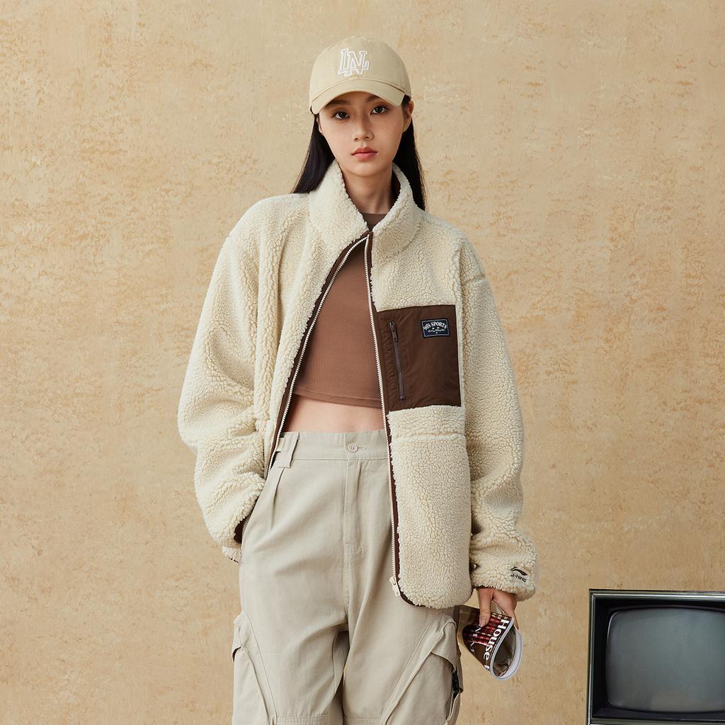 Li Ning Sportovní Módní Série Fleecová Teplá Ležérní Všestranná Volná Stojáček Větruodolná Fleecová Bunda Unisex Bunda Mlha-Khaki AFDUC95-5