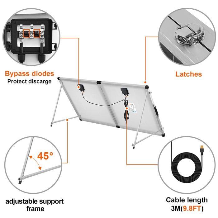 DOKIO Panneau Solaire Portable 200W monocristallin avec regulateur de charge recharge des batteries 12V et des generateurs