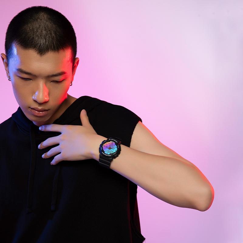 G-Shock Casio Neon Series Colorful Laser Glass Mirror Casual Sports Waterproof and Antimagnetic Men's Watch Black GA-110SR-1APR