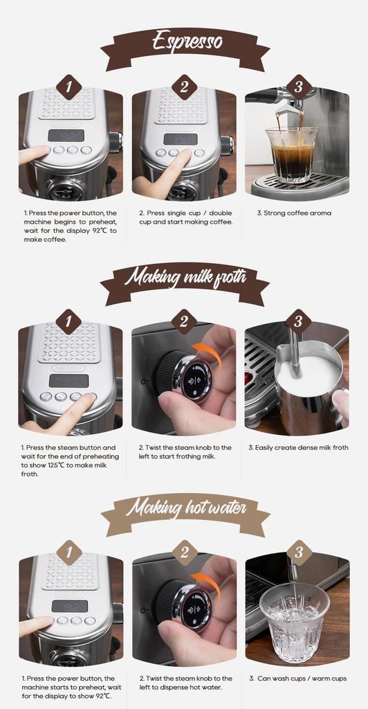 HiBREW H10B Espresso Coffee Machine, 20Bar Extraction Pressure, Semi-Automatic, Adjustable Temperature & Cup Volume, 1.3L Removable Water Tank, Silver