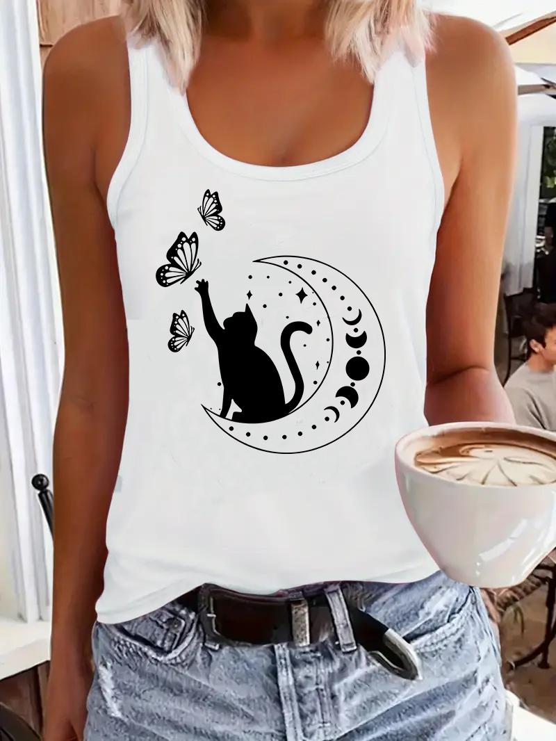 Funny Moon Cat with Butterfly 90s Print  T-shirt Vest Graphic Tank Top Women’s Sleeveless Crew Neck Casual Top for Summer Spring XL