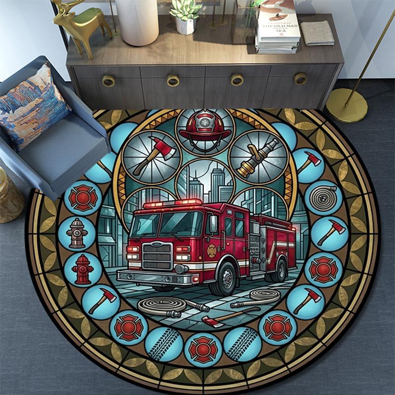 Fire Truck Glass Round Area Rug Under Office Chairs Bedroom Living Room Home Decor