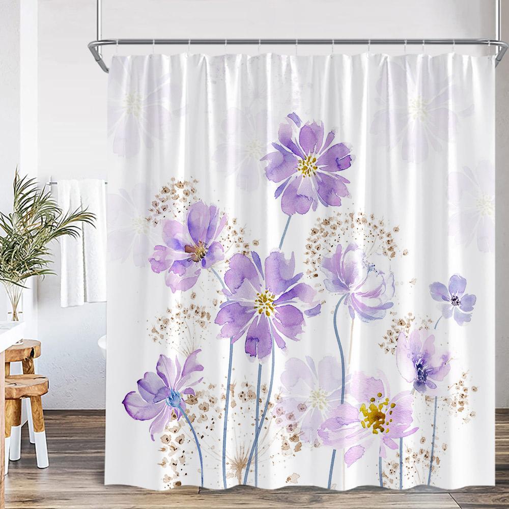 

Watercolor Floral Shower Curtain Colorful Flower Blue Red Green Plant Modern Bathtub Decoration Polyester Bath Curtain With Hook W60H190(CM)-1 Pcs