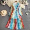 High sense celebrity temperament lantern long sleeve V neck waist thin a word gradual change color dress elegant big swing dress