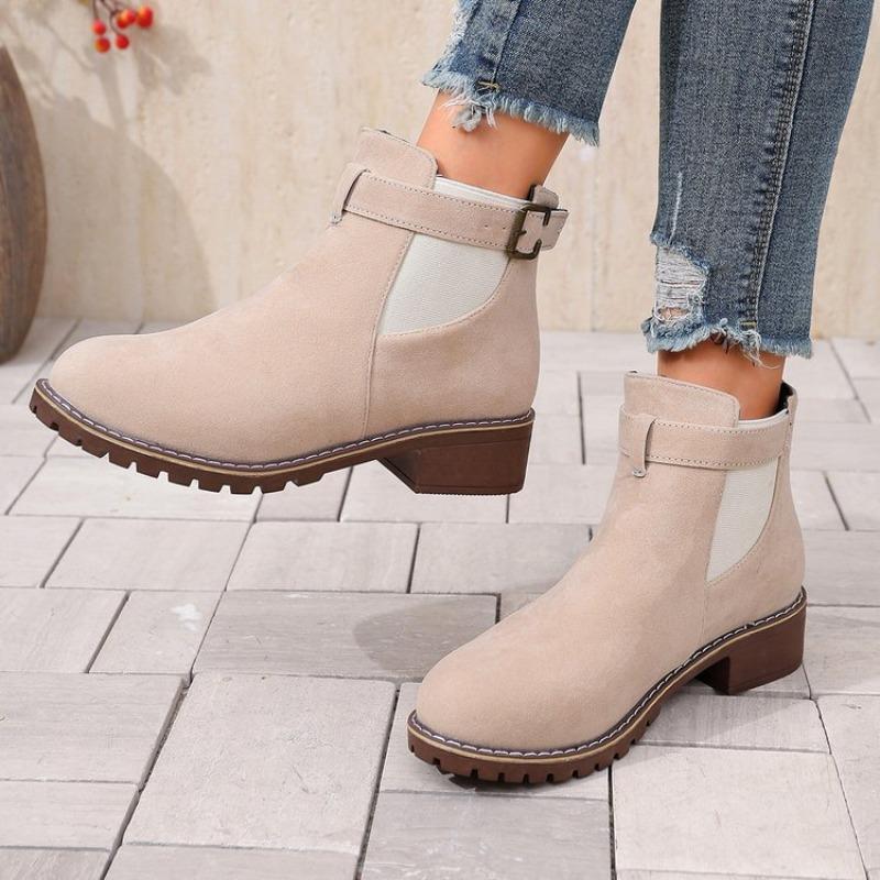 Autumn and winter new women's Martin boots elastic belt buckle round head square heel medium boots women's shoes