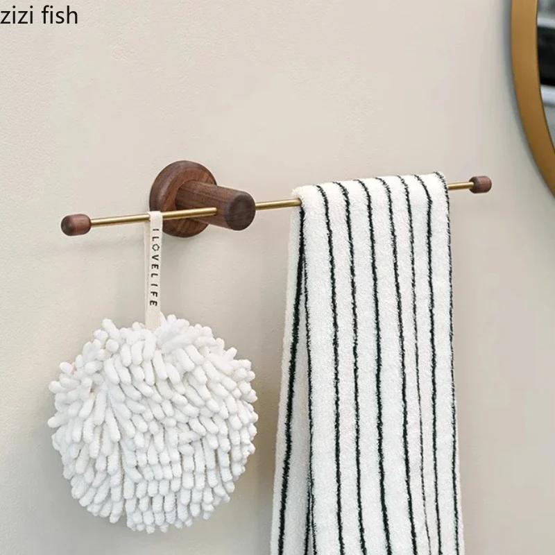 Walnut Wood Metal Towel Rack Bathroom Wall Mounted Storage Rack Wall Shelf Portability Towel Rack Storage Organizer Clothes Hook