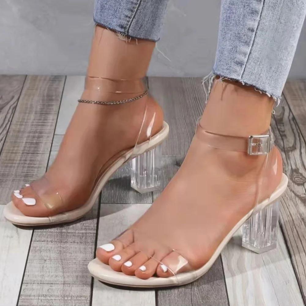 Women PVC Jelly Crystal Chunky Heel Transparent Sandals Sexy Summer High Heels Sandalias Female Pumps Zapatillas Mujer