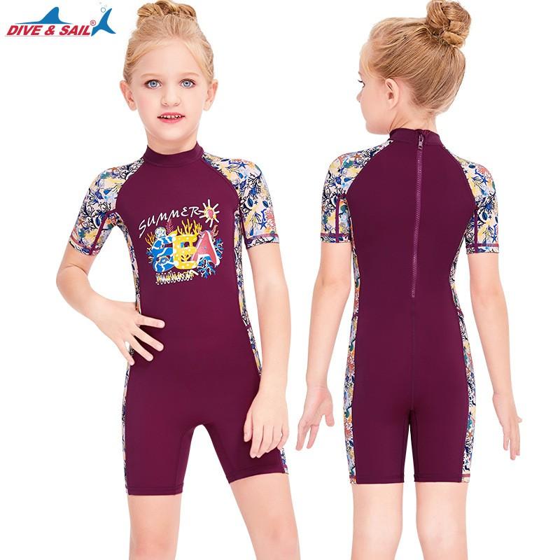 Children's Swimming Clothes Girls Sunscreen Quick-drying One-piece Short-sleeved Swimsuit Children Baby Hot