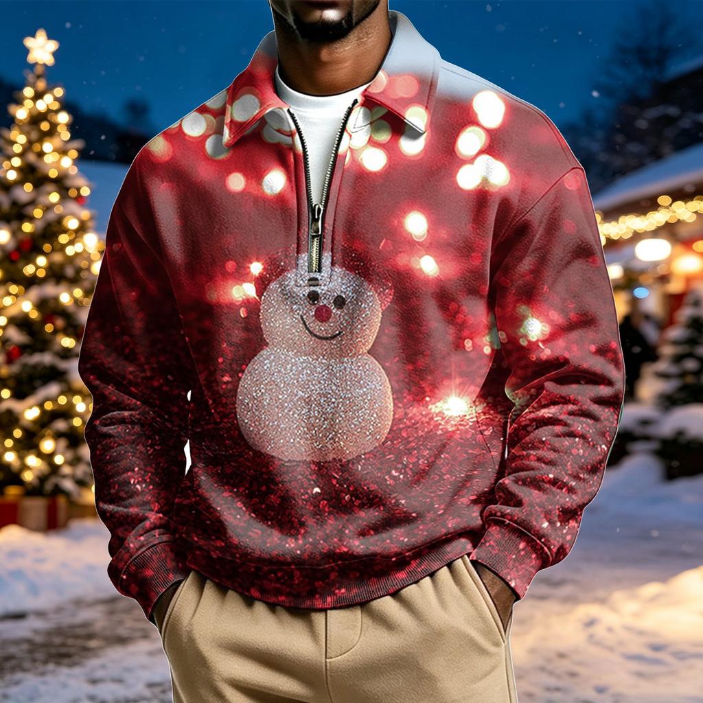 Men's Casual Christmas Print Collared Long Sleeve Pullover Sweatshirt