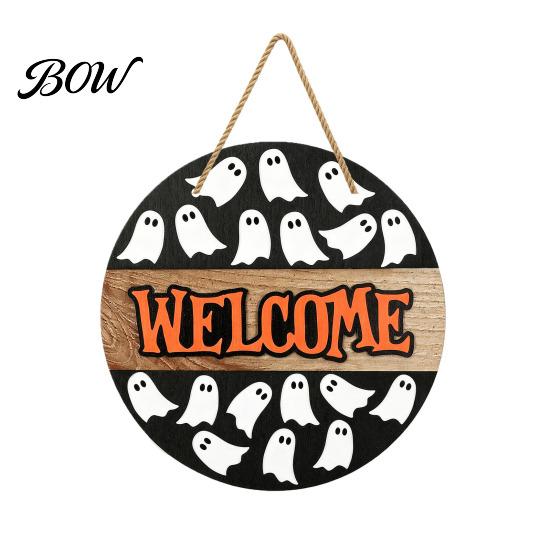 Spooky Door Decor Halloween Hanging Sign, Wooden Front Hanger Wreath, Cute Fall Festival Ghost Welcome Sign for Porch Wall Indoor Home Decoration