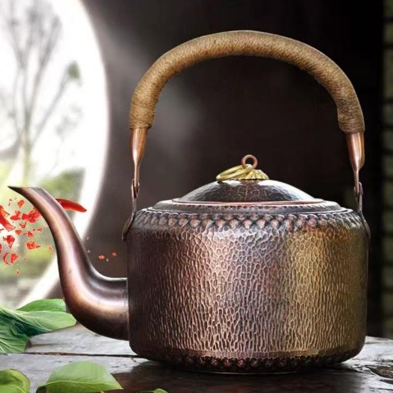 Vintage Copper Coffee Pot,Handheld Hammer Texture Weave 5 Liters With Lid Heat Resistant Filter Water Kettle,Handcrafted Teapot