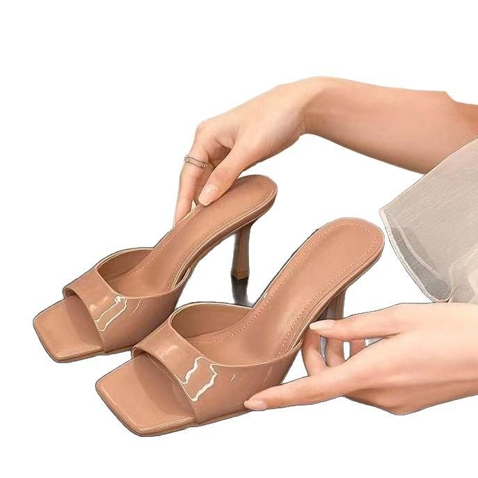 Square head open-toed high-heeled cool slippers women's 2025 summer new fine-heeled waterproof table outer wear temperament versatile one-word drag