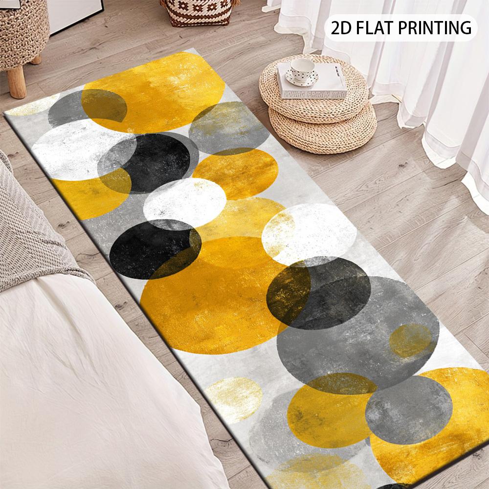 1Pcs Yellow-Gray Black Overlapping Circle Long Non-Slip Washable Area Rug Runner for Entryway, Living Room, Bedroom & Patio