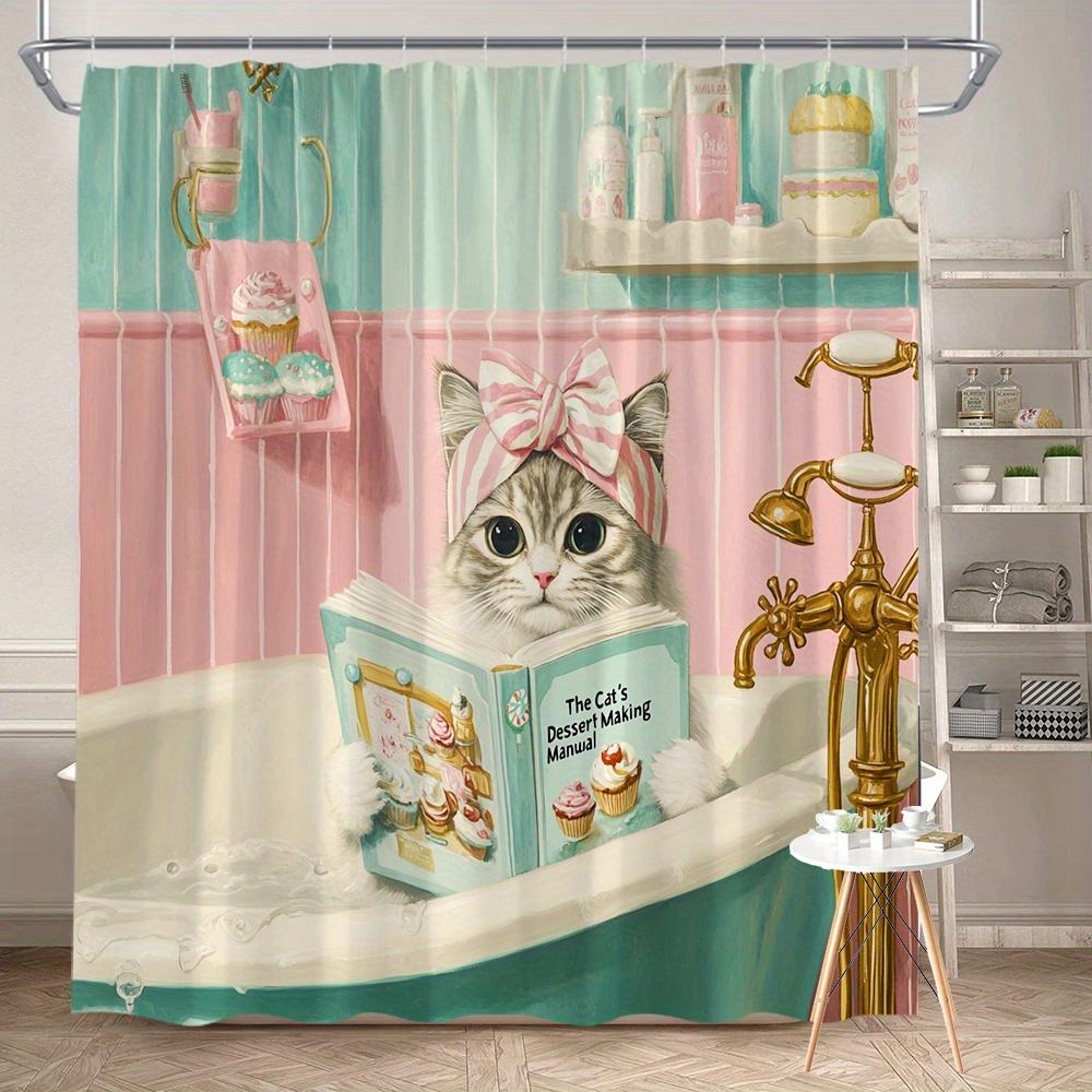 

Cat Shower Curtain 180X180Cm – Grey Tabby Kitten In Turquoise Bathtub With Pink Bow, Whimsical Bathroom Decor, 12 Hooks W60H190(CM)-1 Pcs