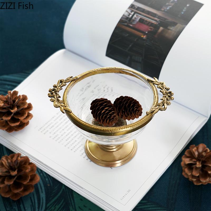 Brass Glass Fruit Plate European Retro High Foot Plate Ice Cream Dessert Plate Jewelry Plate Home Kitchen Decoration Tableware