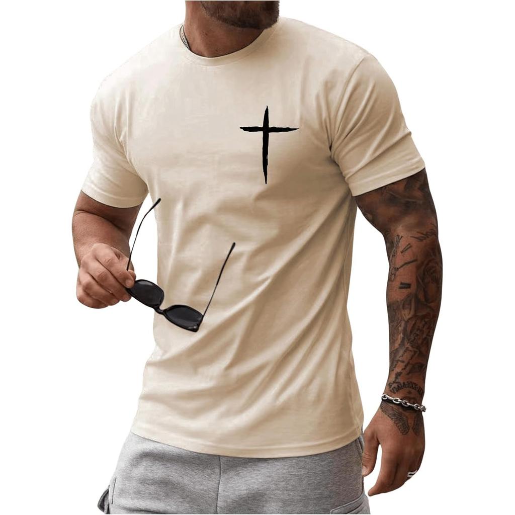 Men's Minimalist Hand-Drawn Cross Print T-Shirt, Understated Casual Streetwear Short Sleeve Top