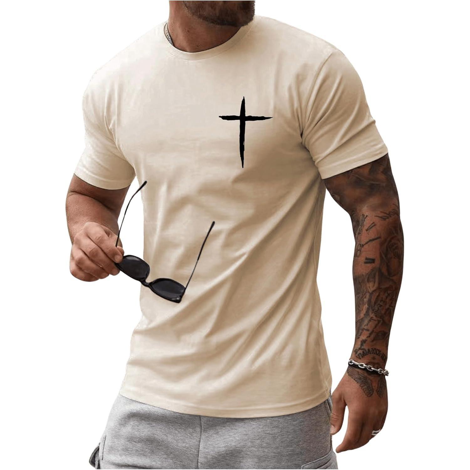 

Men s Minimalist Hand-Drawn Cross Print T-Shirt, Understated Casual Streetwear Short Sleeve Top L