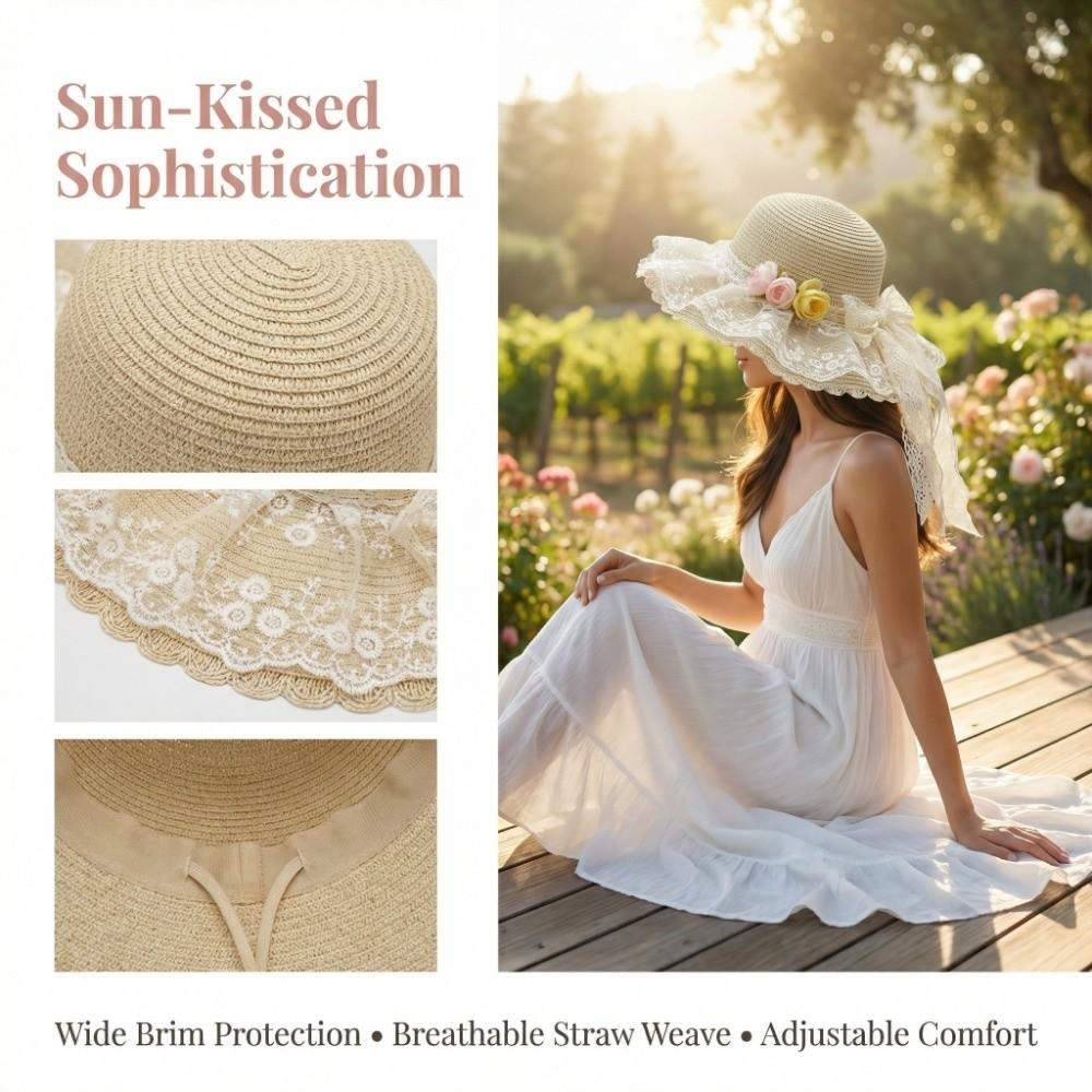 Sweet Lace Bow Sun Hat Breathable Straw Lace Ruffle Beach Hat Adjustable Fisherman Cap Outdoor Travel