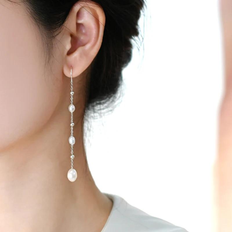 Длинные серьги из стерлингового серебра 925 пробы с натуральным пресноводным жемчугом — фото 4