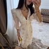 European and American women's clothing summer new temperament gentle wind V-neck lace edge horn sleeve printed dress