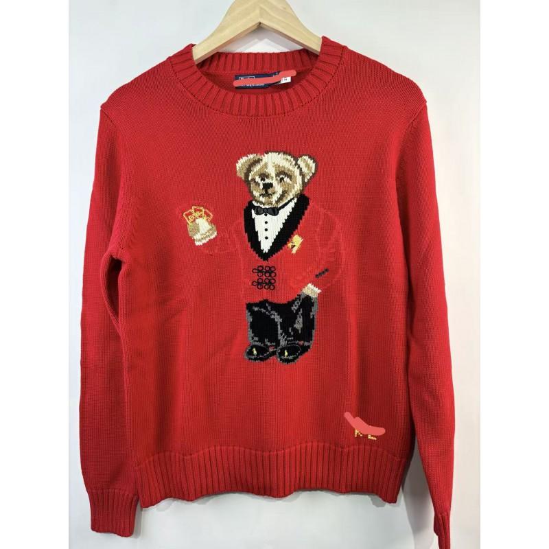 High Quality Cotton Knit Sweater Embroidered Bear Round Neck Loose Fit Long Sleeve Fall Winter Casual