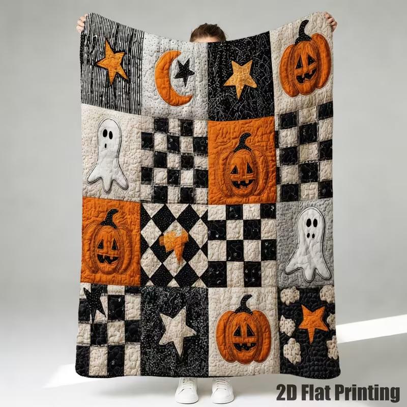 1 Stück Halloween-Themen-Patchwork-Decke mit Geistern, Kürbissen, Fledermäusen & Mehr Weiche, Warme Flanell-Kuscheldecke für Gemütliche Nickerchen, Campingdecke